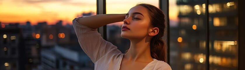 Fototapeta premium Relaxed woman enjoying sunset view indoors