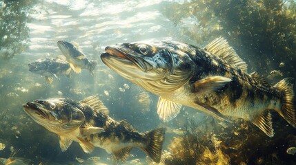 Obraz premium Underwater scene featuring fish swimming through aquatic vegetation.