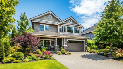 Fototapeta premium Charming Home with Lush Garden and Scenic View
