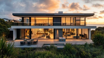 Fototapeta premium Modern Coastal Home with Captivating Sunset View