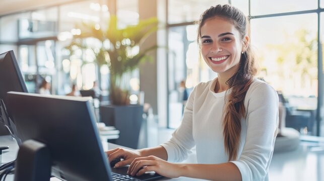 Happy and welcoming hotel receptionist, working on a computer at the front desk, bright