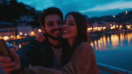 Fototapeta premium Happy couple snapping a selfie on a charming city bridge at dusk