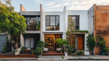 Fototapeta premium Modern Stylish Architecture with Greenery and Warm Lighting