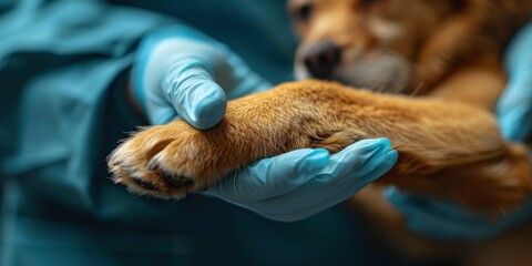 Veterinarians hand holding dogs paw Dogs paw in human