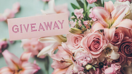 bouquet of fresh roses and lilies with a gift card, pastel background, text "GIVEAWAY" in large letters above, soft light 