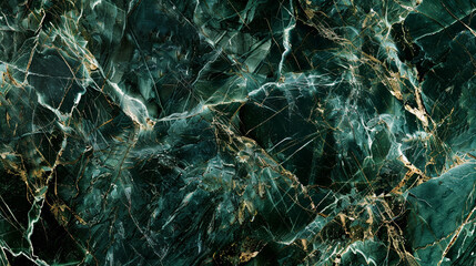 A high-definition image of a dark emerald green marble texture with intricate white and gold veins, capturing the natural elegance and smoothness of a polished stone surface.
