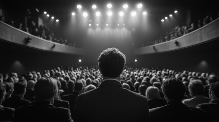A speaker addresses a captivated audience in a dimly lit theater.