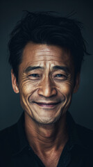 Fototapeta premium Middle-aged Asian man smiling warmly in a dark background.