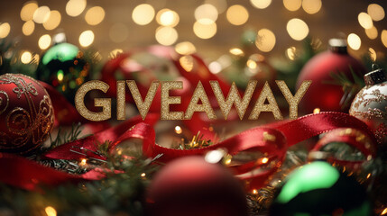  "GIVEAWAY" written in sparkling gold letters, against a Christmas background of red and green ribbons, baubles, and glowing fairy lights, with a bokeh effect 