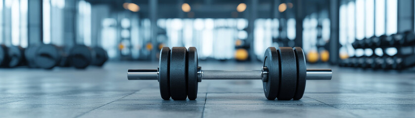 close up view of dumbbell on gym floor, showcasing fitness equipment in modern gym environment. atmosphere is energetic and motivating