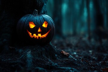 Naklejka premium Glowing Halloween Pumpkin on Old Tree in Dark Forest - AI generated illustration