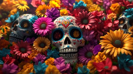 Colorful Flowers and Skulls for the Day of the Dead in Hyper-Realistic Style - AI generated illustration