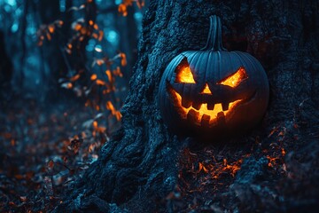 Fototapeta premium Glowing Halloween Pumpkin on Old Tree in Dark Forest - AI generated illustration