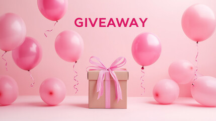  single gift box with attached balloons floating around, text "GIVEAWAY" in bold above, pastel background, natural lighting