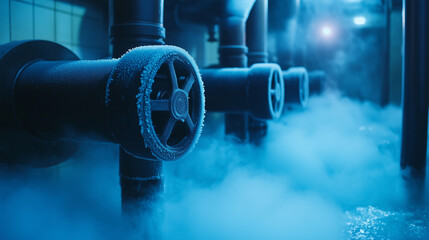 An industrial refrigeration room where water pipes and a motor dominate the scene, with cool air swirling around the frost-covered pipes, casting a cold, blue hue over the room.