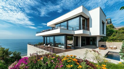 Fototapeta premium Modern Two-Storey House with Coastal View