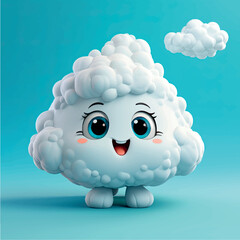 Cartoon 3d vector illustration white fun cloud toy. Cute 3D character cloud similar to a sheep print, sticker, emoticon. Cartoon cloud drawing picture cover. Weather theme, cloudy, rain, good weather.