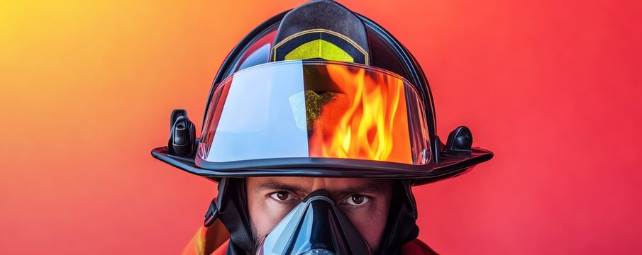 1 Closeup of firefighter helmet with reflective visor showing faint flames close up safety and protection vibrant overlay