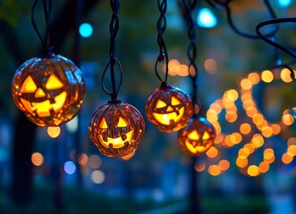 Halloween-Themed Ball with Carved Faces and LED Lights in City Park - AI generated illustration