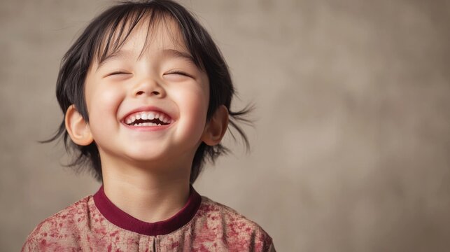Modern outfit worn by a joyful half-Korean child model, half-body portrait against a simple