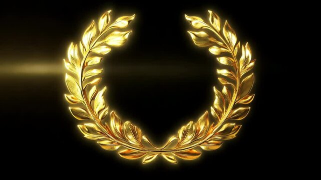 Golden reflective glowing laurel wreath. Triumph winner success symbol. Victory ceremony template. Luxury gold emblem motion graphics. Royal achievement golden branches. Competition award mockup.