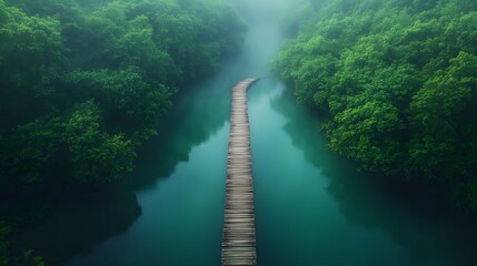 Fototapeta premium Aerial drone view of wooden bridge crossing peaceful lake surrounded by lush forest, with morning mist and sunlight filtering through trees in tropical landscape.