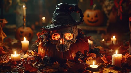 Skull in Witch's Hat on Pumpkin Surrounded by Autumn Leaves and Candles - AI generated illustration