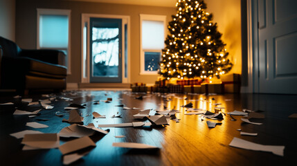 Obraz premium A festive living room with a glowing Christmas tree, its floor covered in torn wrapping paper and empty gift boxes, symbolizes the joyful aftermath of holiday gift-giving.