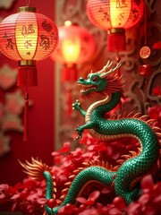 Fototapeta premium Vibrant chinese dragon and lanterns in a festive red decor for lunar new year celebration