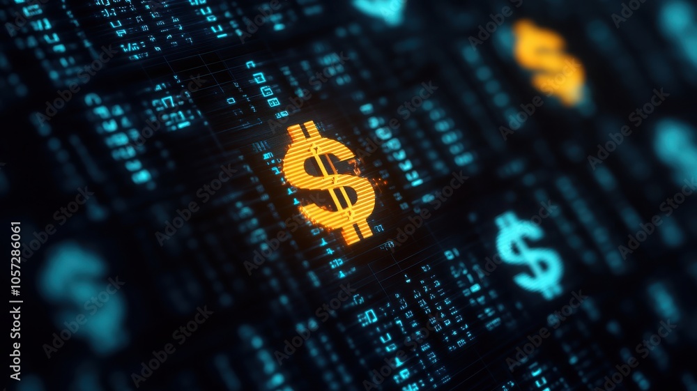 Poster digital currency concept showcasing glowing dollar symbols amidst binary code, representing finance 