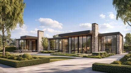 Obraz premium Modern Serene Home Surrounded by Lush Landscape