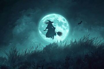 Witch Flying on Broomstick Under Full Moon - AI generated illustration