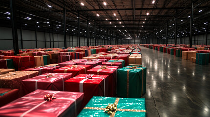 A vast warehouse packed with colorful presents wrapped in shimmering holiday paper stretches as far as the eye can see, symbolizing the bountiful spirit of Christmas.