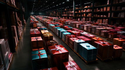 A sprawling warehouse, its shelves stacked with rows of wrapped gifts in vibrant colors, shines with the festive energy and holiday spirit, symbolizing generosity and joy.
