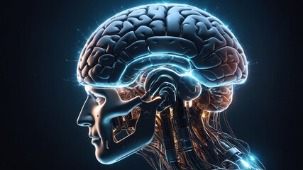 Artificial Intelligence project creating. Abstract concept of cyber technology, machine learning, robot and cybernetic brain 3d animation. Drawing digital scheme line of futuristic idea.
