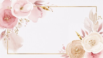 A watercolor floral border featuring pink and beige roses with gold accents, perfect for invitations or romantic stationery.  
