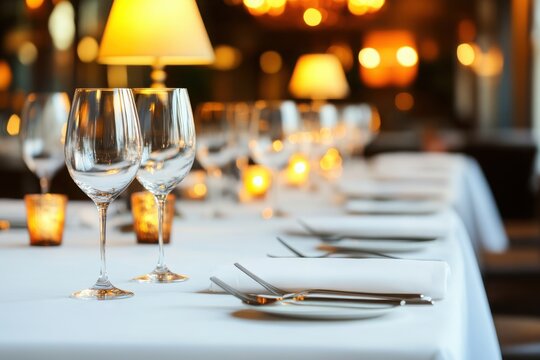 Elegant dining setting with polished glassware, soft candlelight, and neatly arranged tableware for a sophisticated meal.