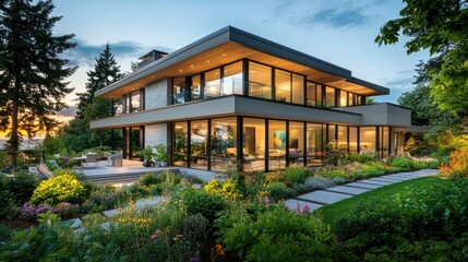 Modern Luxury Home Surrounded by Vibrant Garden