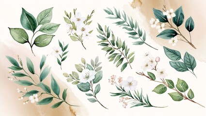 A collection of delicate green leaf sprigs and soft white flowers, perfect for botanical or natural-themed designs.
