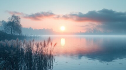 Serene sunrise over a calm lake with mist and gentle grasses.