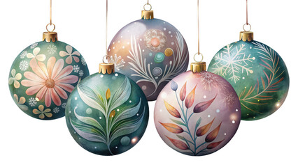 Elegant Hand-Painted Christmas Baubles in Watercolor Style with Floral and Geometric Designs on Transparent Background