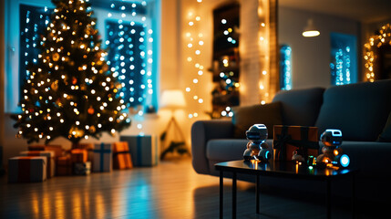 A living room adorned with Christmas lights and a decorated tree is alive with small robots assisting in arranging presents, bringing a playful, futuristic vibe to the traditional
