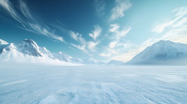 Arctic panorama featuring pristine snow fields and ice-covered mountains, showcasing vast winter wilderness with ethereal blue sky and wispy clouds over frozen tundra.