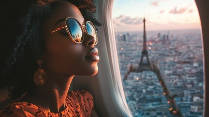 Stunning Black woman on an airplane heading to Paris, looking out at the cityscape through the
