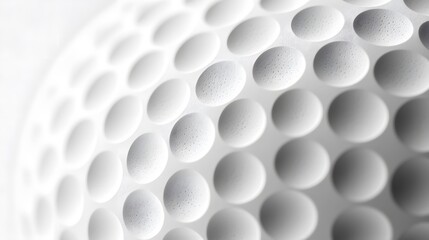 Extreme close-up of golf ball surface highlighting dimple pattern texture in cream white, featuring geometric patterns and soft focus in minimalist sports style.