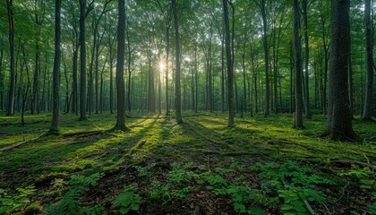 Obraz premium Sunbeams Filtering Through a Dense Green Forest Canopy