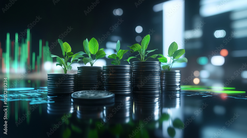 Aufkleber a pile of coins set on a reflective glass table, with plants sprouting from each stack, surrounded b