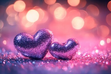 Obraz premium purple and pink glitter vintage lights background. defocused. hearts overlay with generative ai