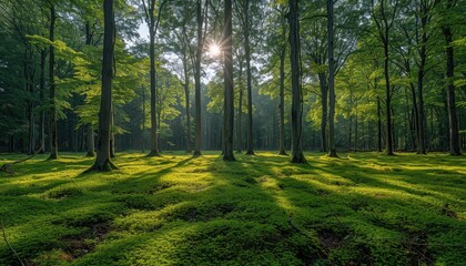 Fototapeta premium Sunbeams Illuminating a Dense Green Forest