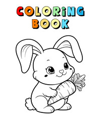 Cute Bunny With Carrot Cartoon , Animal Coloring Page , Bunny Coloring Book for Children , Vector Illustration